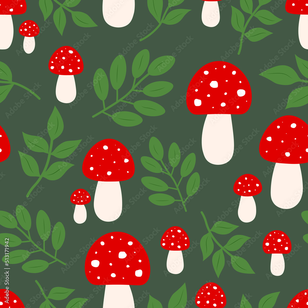 Seamless pattern mushrooms fly agaric leaves vector illustration Seamless pattern mushrooms fly agaric leaves vector illustration
