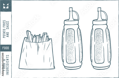 Potato fries & sauces Vector illustration - Hand drawn - Out line