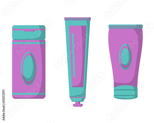 Behind the body cosmetic set consisting of shampoo, toothpaste, hand cream in purple mint color, vector image.