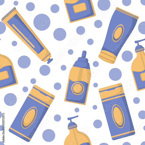 A pattern of cosmetics in blue and yellow in a flat style. Vector image.