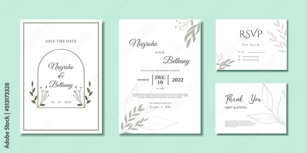 Minimal wedding invitation template with abstract leaves