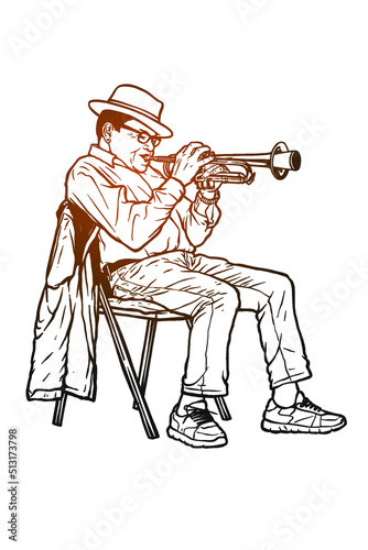  Man playing a trumpet - vector illustration - Out line