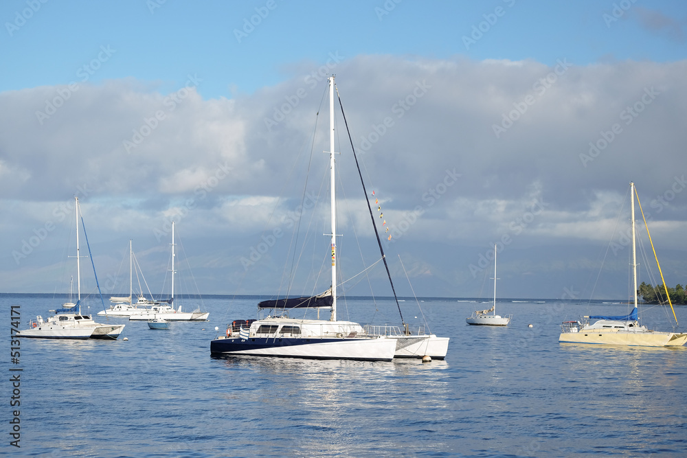A catamaran anchored off the Hawaiian island of Maui A catamaran anchored off the Hawaiian island of Maui