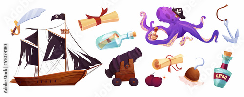 Pirates set icons in cartoon style. Flag with white skull and crossing bones. Parchment pirate's treasure map, bottle.
