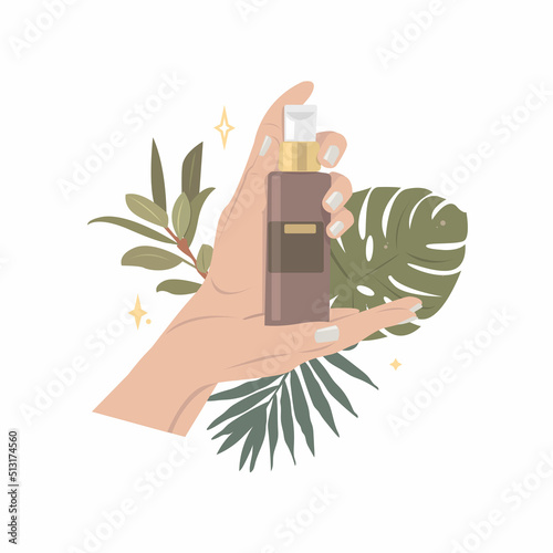 Vegan organic cosmetics in bottles isolated on white background. Flat vector cartoon illustration of herbal face and body care products. Hands holding the bottle.