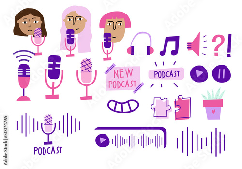 Big podcasting set. Podcast girls, microphone, podcast icons. Flat illustrations