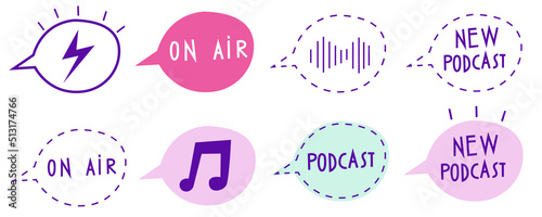 Set of speech bubbles. Podcast icons. Flat podcasting illustrations