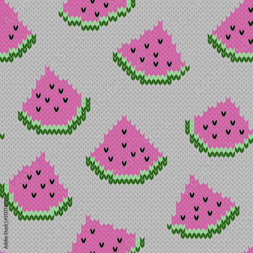 Watermelon knitted seamless pattern. Jacquard pixel art for socks, sweatshirt or any other knitwear design. Trendy 8 bit game style. Vector illustration.