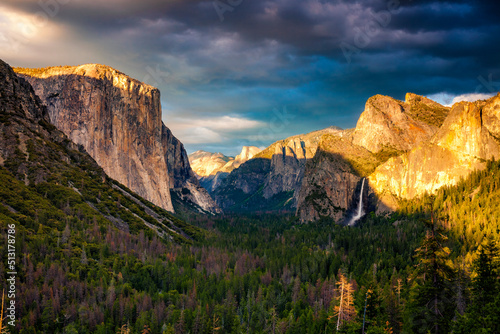 Evening view from the Tunnel View overlook in Yosemite National Park.  Seen are the icons of the park - El Capitan  Half Dome and Bridalveil Falls