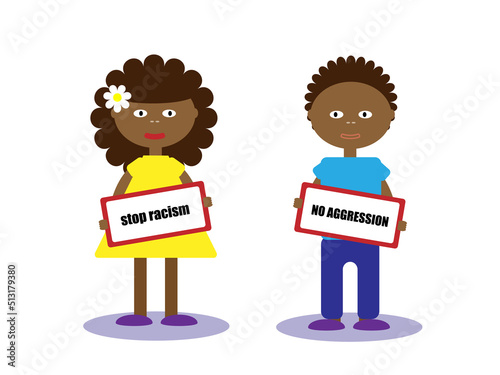 Girl and boy holding a placards. Protest against racism and discrimination towards African American people. Stop racism concept. Vector flat illustration.