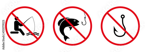 Forbidden Fishing Hook Fish Black Silhouette Icon Set. Fisherman Red Stop Circle Symbol. No Allowed Catch Fish in Lake Sign. Fisher Man Prohibited. Ban Fishing Pictogram. Isolated Vector Illustration