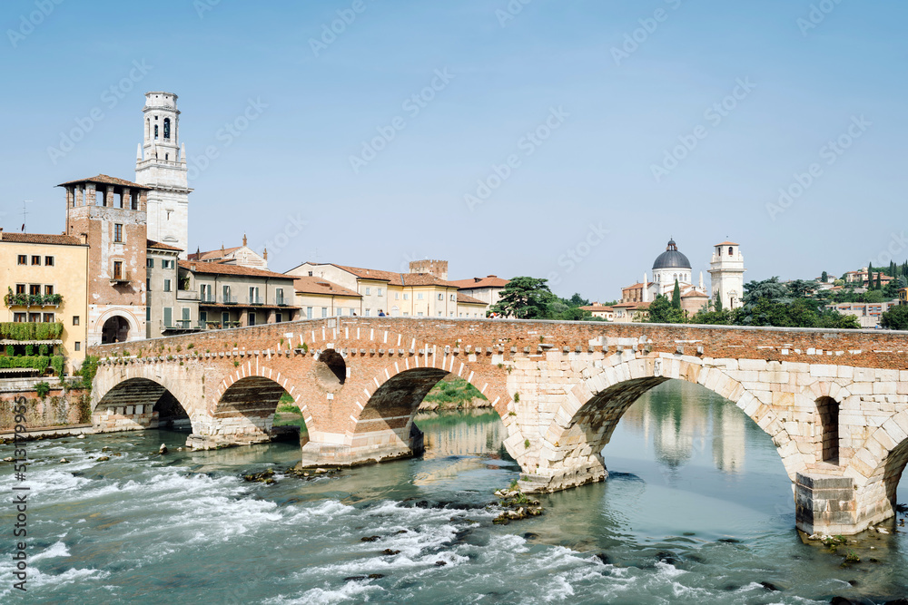 Verona, Italy - The Pietra bridge is the oldest bridge in Verona over the Adige river, the only one left from Roman times.