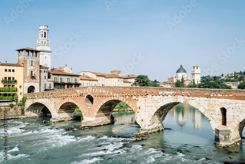 Verona, Italy - The Pietra bridge is the oldest bridge in Verona over the Adige river, the only one left from Roman times.