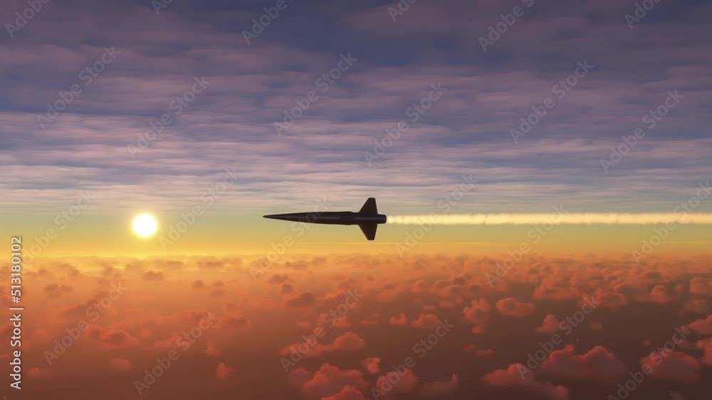 Hypersonic missile flying above earth in an mach speed. Realistic view of a high-speed supersonic rocket hovering above ground and heading towards a target Hypersonic missile flying above earth in an mach speed. Realistic view of a high-speed supersonic rocket hovering above ground and heading towards a target