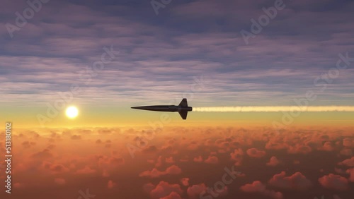 Hypersonic missile flying above earth in an mach speed. Realistic view of a high-speed supersonic rocket hovering above ground and heading towards a target