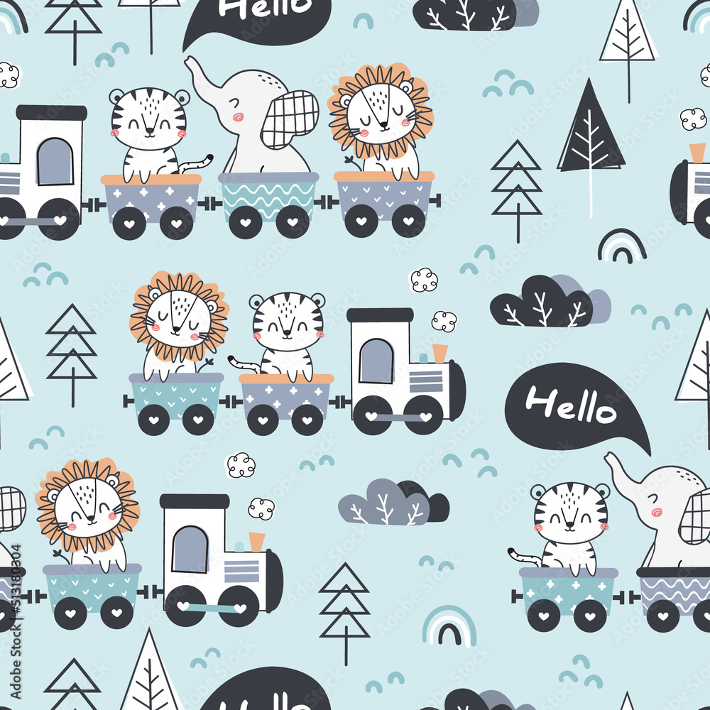 Zoo Background Train Set Cute animals on train seamless pattern. Happy elephant, tigr and lion ...