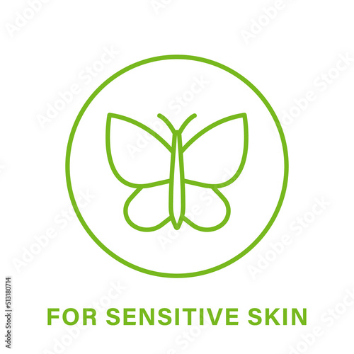 Dermatology for Sensitive Skin Line Green Icon. Tested for Hypoallergenic Type of Face Skin Outline Pictogram. Dermatologically Icon. Butterfly Symbol of Sensitive Skin. Isolated Vector Illustration