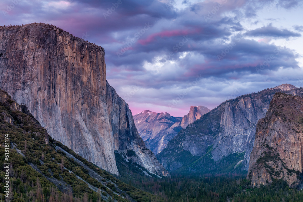 Evening view from the Tunnel View overlook in Yosemite National Park.  Seen are the icons of the park - El Capitan, Half Dome and Bridalveil Falls