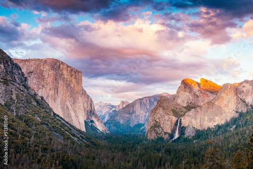 Evening view from the Tunnel View overlook in Yosemite National Park.  Seen are the icons of the park - El Capitan, Half Dome and Bridalveil Falls