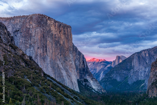 Evening view from the Tunnel View overlook in Yosemite National Park. Seen are the icons of the park - El Capitan, Half Dome and Bridalveil Falls