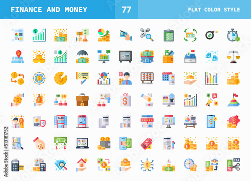 Finance and Money icons set. Flat color set of icons style. Can used for digital product, presentation, UI and many more.