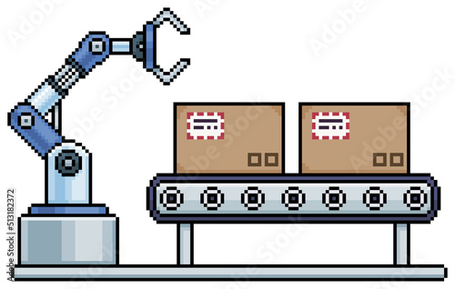 Pixel art industrial robot with conveyor belt and boxes. Production line vector icon for 8bit game on white background
