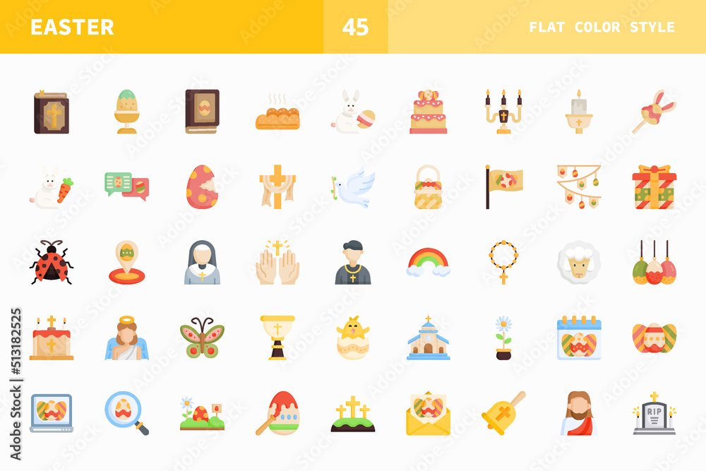 Easter icons set. Flat color set of happy easter day vector icons for web design isolated on white background. Can used for digital product, presentation, UI and many more. Easter icons set. Flat color set of happy easter day vector icons for web design isolated on white background. Can used for digital product, presentation, UI and many more.