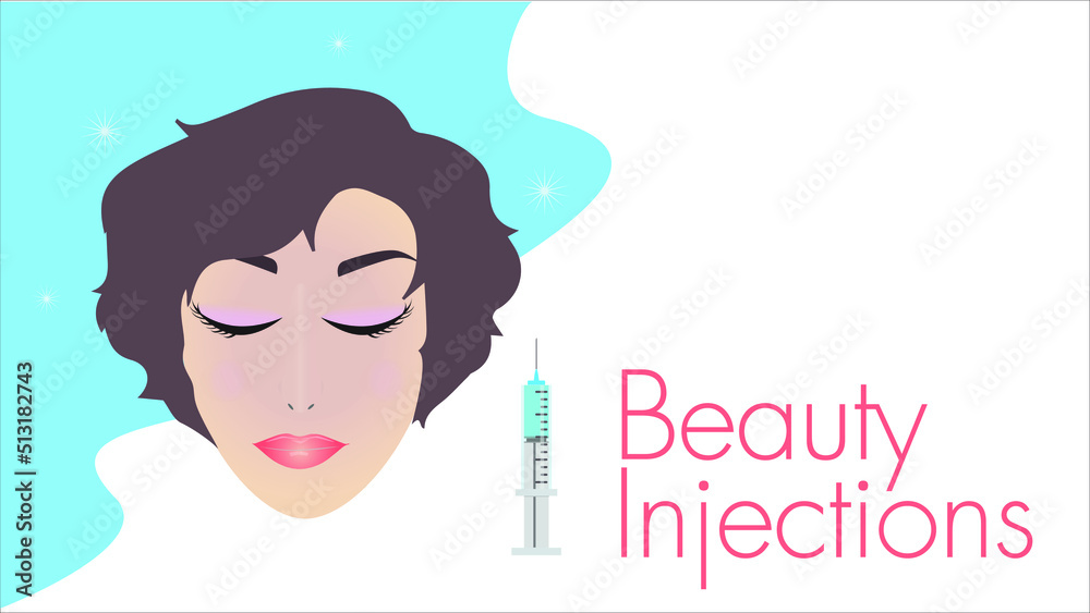 Fototapeta premium Vector illustration. Banner of face of short hair woman on light blue background about beauty injections for lifting and rejuvenation with copy space.