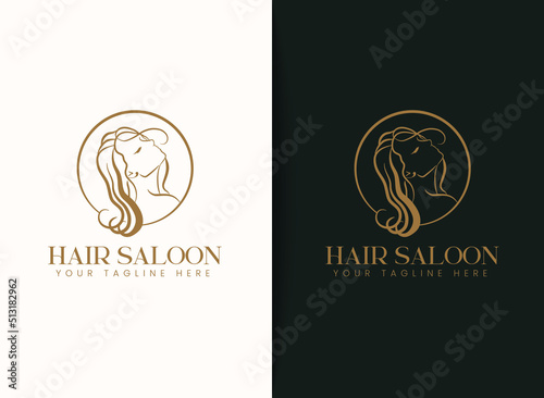  woman head with hairstyle line art illustration vector emblem logo design template for beauty, hair salon, makeover, hair stylist, hairdresser