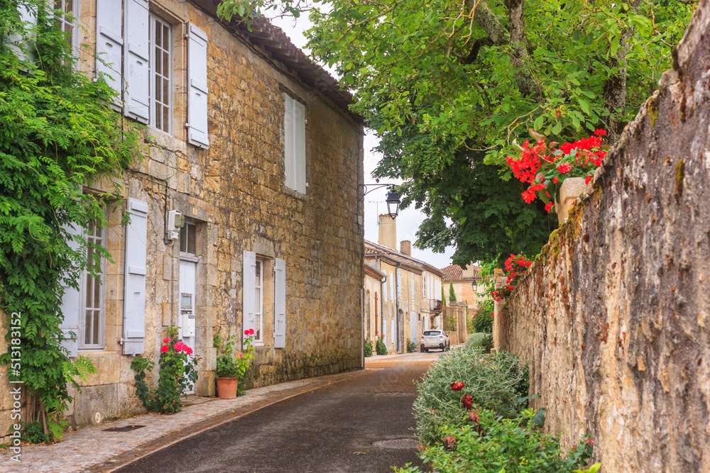 Fototapeta premium Summer city landscape - view of a medieval street in a provincial French town, in the historical province Gascony, the region of Occitanie of southwestern France