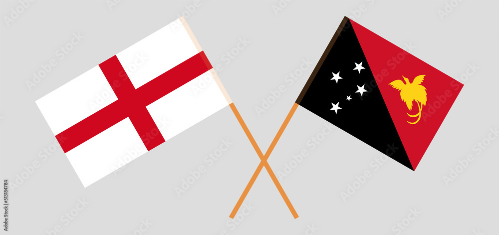 Crossed flags of England and Papua New Guinea. Official colors. Correct proportion