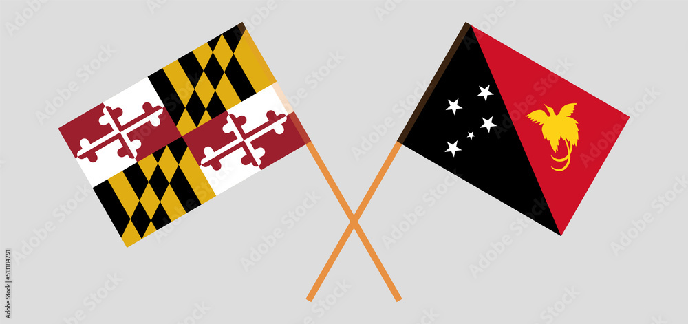 Crossed flags of the State of Maryland and Papua New Guinea. Official colors. Correct proportion Crossed flags of the State of Maryland and Papua New Guinea. Official colors. Correct proportion