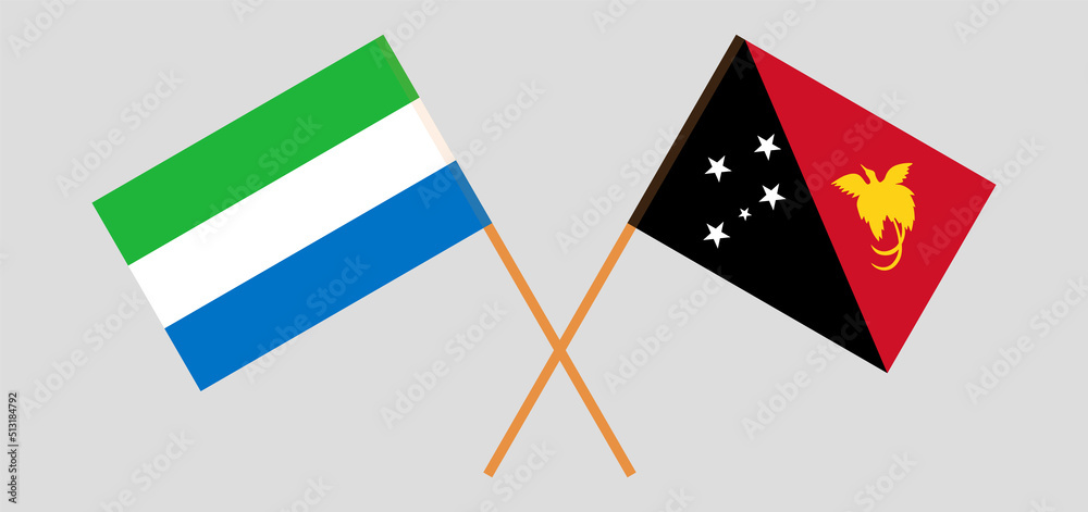 Crossed flags of Sierra Leone and Papua New Guinea. Official colors. Correct proportion Crossed flags of Sierra Leone and Papua New Guinea. Official colors. Correct proportion