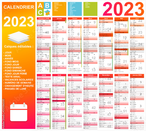 Calendrier 2023 14 mois avec vacances 2023 entièrement modifiable via calques	