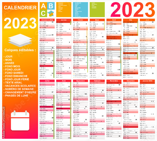 Calendrier 2023 14 mois avec vacances 2023 entièrement modifiable via calques	
