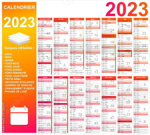 Calendrier 2023 14 mois avec vacances 2023 entièrement modifiable via calques	