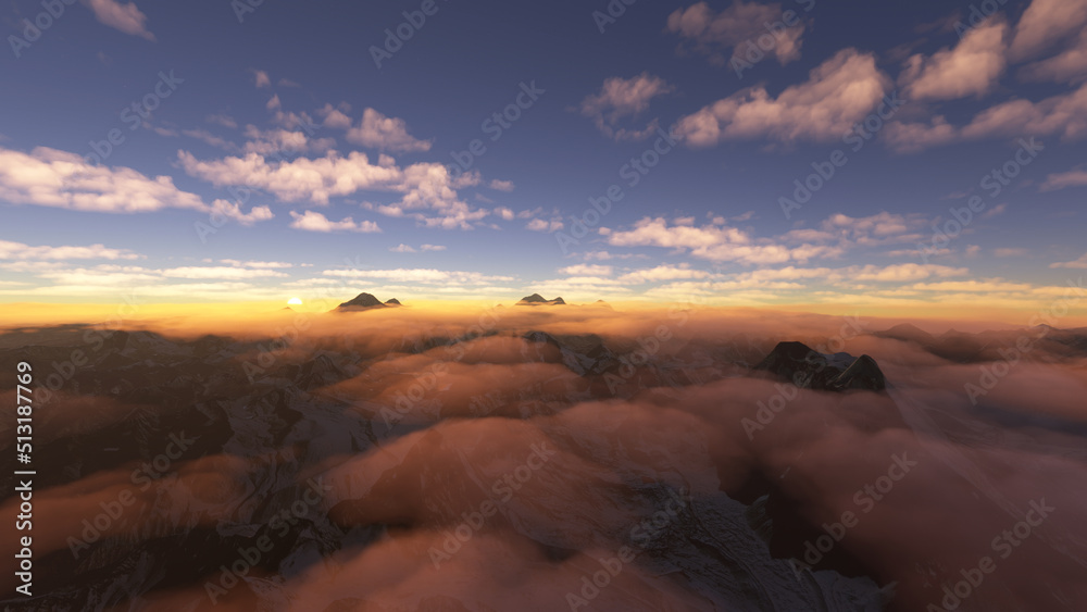 Clouds above Himalaya mountains at sunset light 