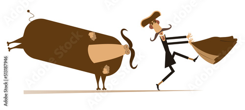 Bullfight. Bull pursues a scared bullfighter who holding matador cape. Isolated on white background 
