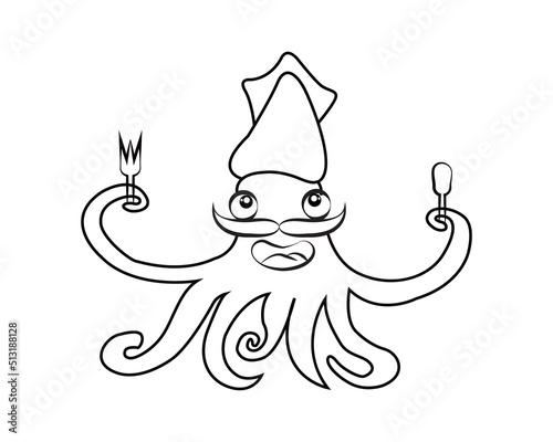 octopus hold spoon and fork smiling illustrator concept in line
