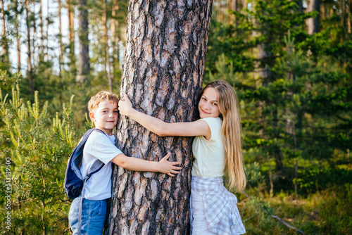 TWo children, boy and girl, hugging tree at forest. For the love of nature. Adveture, vacation, activities for children. © Iryna