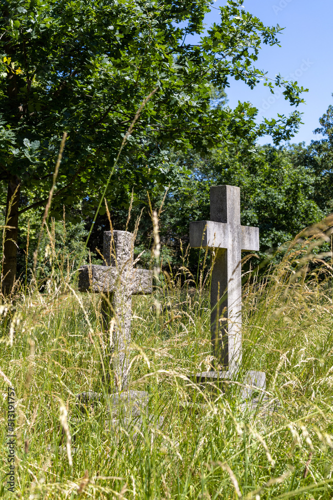Two stone crosses surrounded by long grass in Margravine cemetery in London, England Two stone crosses surrounded by long grass in Margravine cemetery in London, England