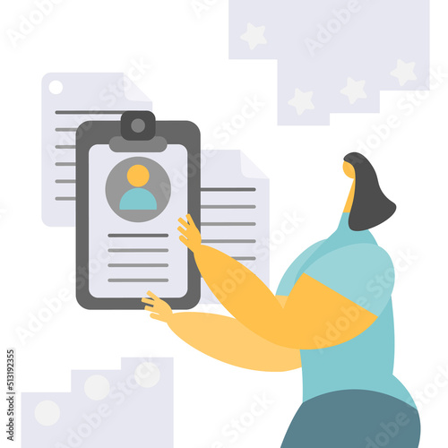 HR manager select a resume process. Looking at employee resume, Web recruit resources, research or fill form for selection. Vector illustration in flat cartoon style.