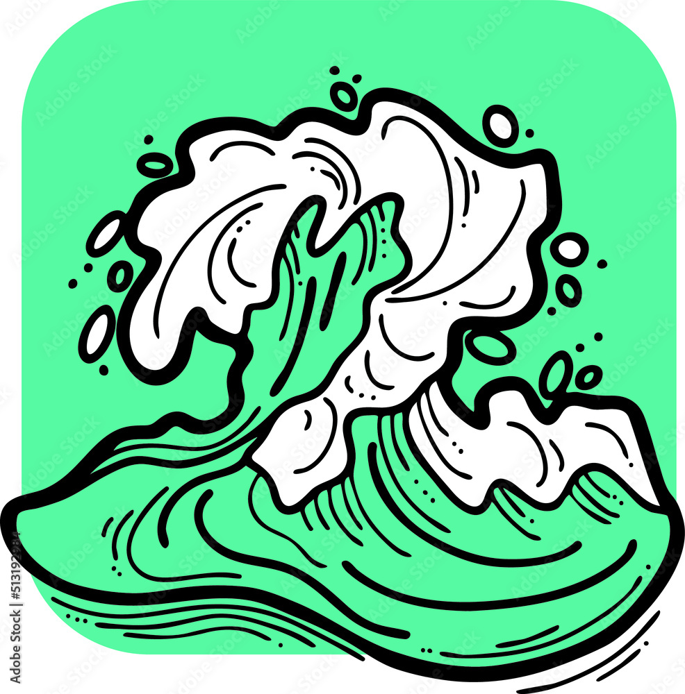 Obraz premium Sea wave, powerful splash energy of nature. Nautical ocean theme with ocean storm, summer holiday. For surfing and sailing decoration element. Hand drawn vector illustration. Cartoon style drawing.