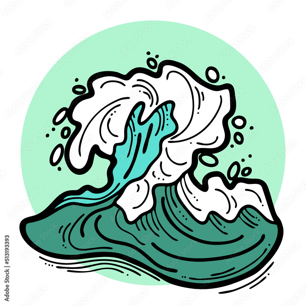 Obraz premium Sea wave, powerful splash energy of nature. Nautical ocean theme with ocean storm, summer holiday. For surfing and sailing decoration element. Hand drawn illustration. Old comic cartoon style drawing.