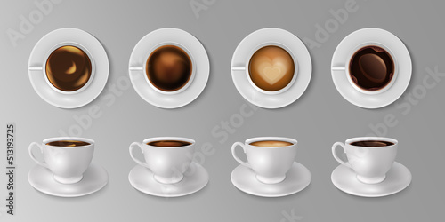 Coffee cup mockup. Top and side view of mug with latte, black tea, cappuccino or espresso, isolated cafe, restaurant and bar, breakfast beverage on gray background, realistic vector illustration