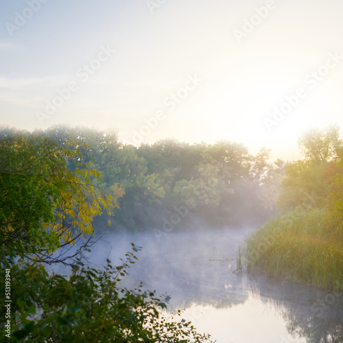 quiet summer river in mist at the early morning