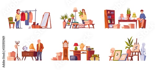 Vintage market. People on fair with books, fashion and interior decorations. Clothes and furniture. Second Hand store sellers and customers. Weekend marketplace. Vector garage sale set