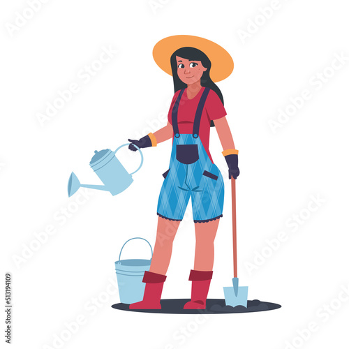 Agricultural work. Cartoon female farmer character working in field, woman with shovel and bucket, girl with watering can. Farm worker with garden equipment standing, vector illustration