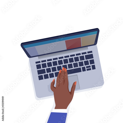 Table top view. Female hand and laptop. Cartoon character working with computer. Device on desk. Woman arm. Office worker typing with keyboard. PC technology. Vector digital tablet
