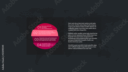 Vector infographic elements for business plan, progress, development, growth, presentation, web design, landing page, template, sample text. 1 2 3 4  steps with world map dotted background